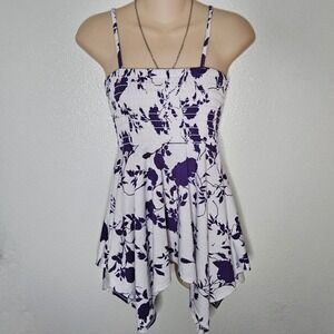 Y2k Casual White Purple Floral Smocked‎ Handkerchief Hem Tunic Top